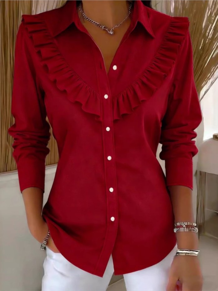 2026 Spring Autumn Women's Solid Color Shirt Collar Long Sleeved Fashion Casual Loose Ruffled Cotton Linen Female Office Shirt