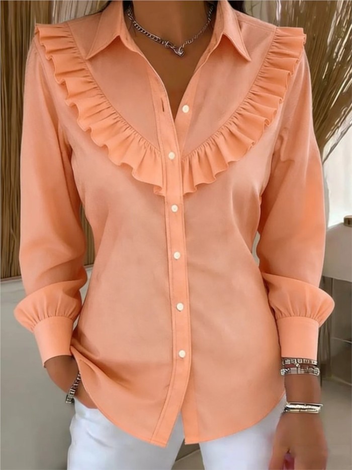 2026 Spring Autumn Women's Solid Color Shirt Collar Long Sleeved Fashion Casual Loose Ruffled Cotton Linen Female Office Shirt
