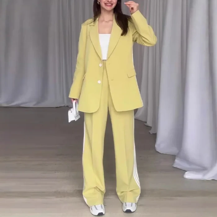Casual Striped Women Pants Suits Lapel Single Breasted Loose Coat High Waist Straight Pant 2025 Spring New Fashion Lady Sets