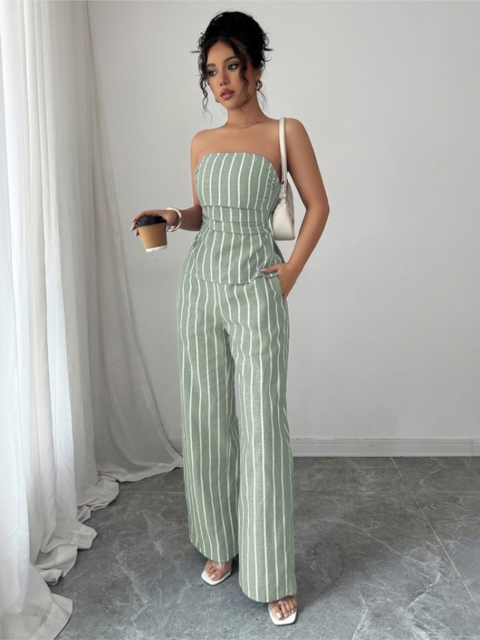 Sexy Tube Top Sleeveless Women's Trousers 2 Piece Set Summer Printed Striped Fashion Pockets Loose Wide Leg Trousers Female Suit