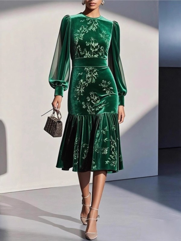 WomenAutumn Winter Caramel Color Velvet Dress Elegant Fashion O Neck Lantern Sleeves Mesh LongSleeves Waist ALine Fishtail Skirt