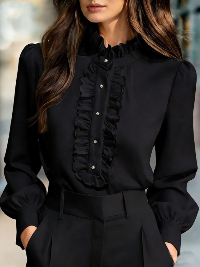 Fashion Ruffled Stand Collar Long Sleeve For Women's Shirt Spring Autumn New Commuting Temperament Female White Office Shirt2026
