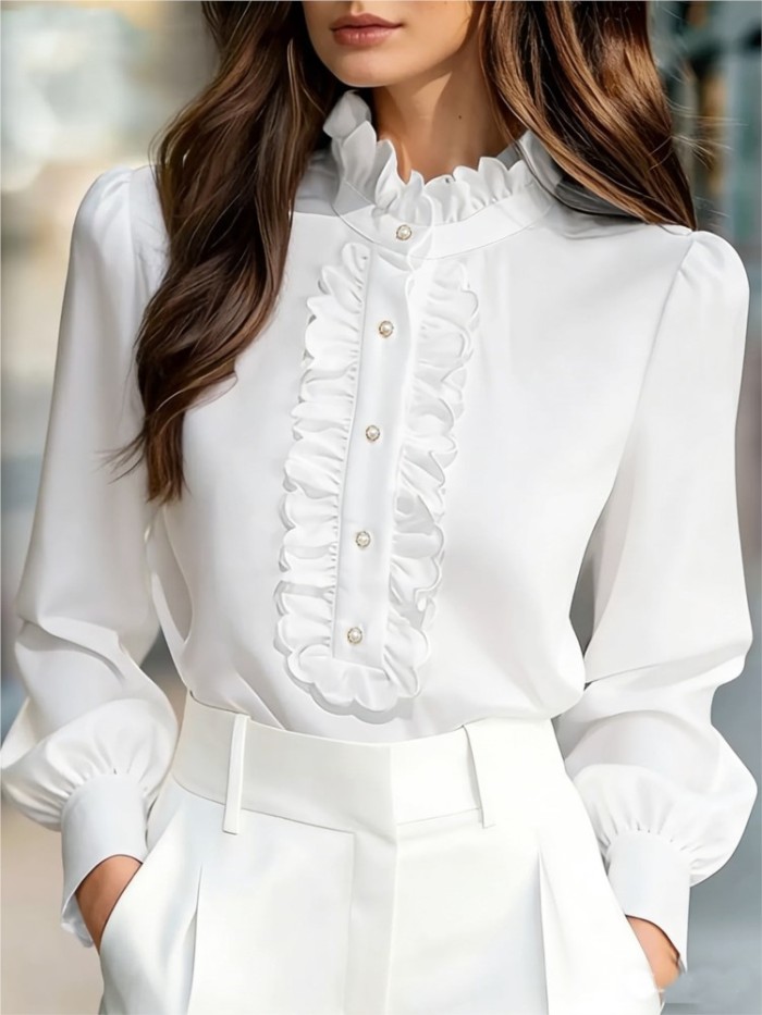 Fashion Ruffled Stand Collar Long Sleeve For Women's Shirt Spring Autumn New Commuting Temperament Female White Office Shirt2026