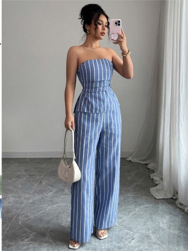Sexy Tube Top Sleeveless Women's Trousers 2 Piece Set Summer Printed Striped Fashion Pockets Loose Wide Leg Trousers Female Suit