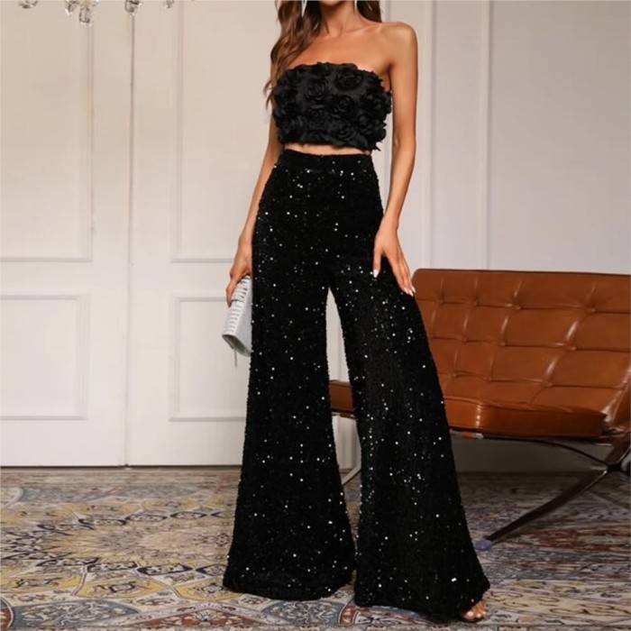 Fashion Sequined Mid-waist Trousers Women's Spring And Summer New Style Slim And Elegant Ladies Party Hip Wide Leg Trousers
