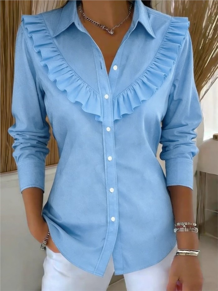 2026 Spring Autumn Women's Solid Color Shirt Collar Long Sleeved Fashion Casual Loose Ruffled Cotton Linen Female Office Shirt