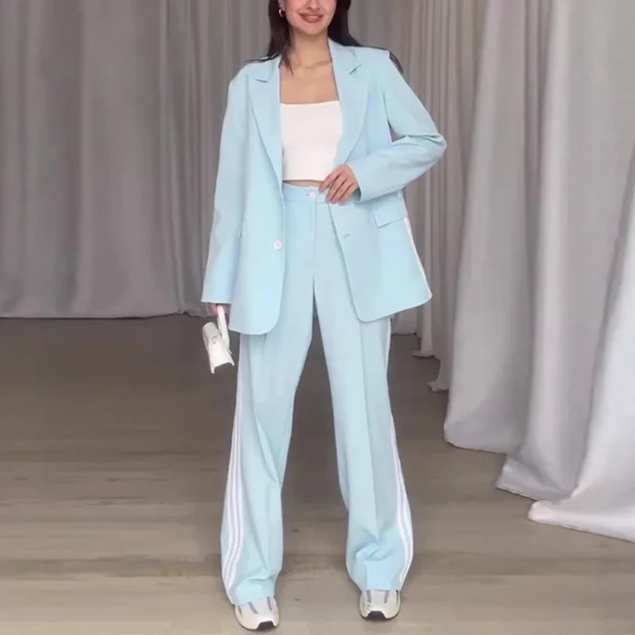 Casual Striped Women Pants Suits Lapel Single Breasted Loose Coat High Waist Straight Pant 2025 Spring New Fashion Lady Sets