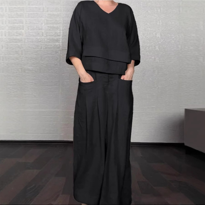 Casual Loose Irregular Cotton Linen Women's Top Set Spring Summer New Fashion Pocket Wide-leg Pants For Women Office 2-piece Set