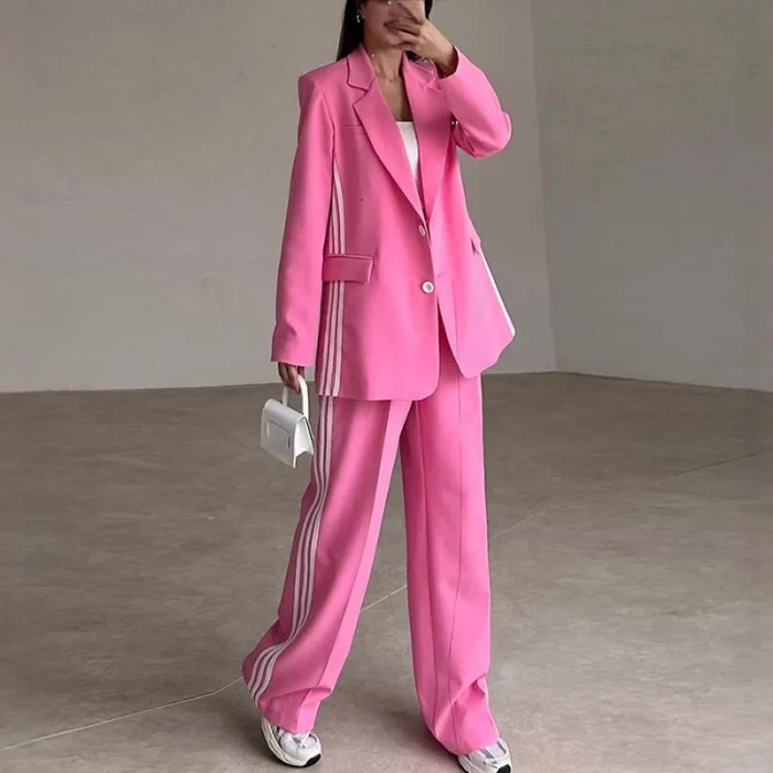Casual Striped Women Pants Suits Lapel Single Breasted Loose Coat High Waist Straight Pant 2025 Spring New Fashion Lady Sets