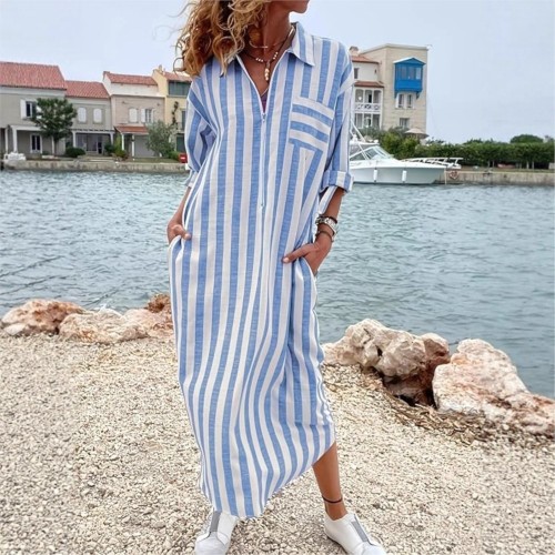 Elegant Casual Loose Striped Shirt Long-sleeved Dress Spring Summer Women's Vacation Fashion Zipper Pocket Long Shirt Dresses