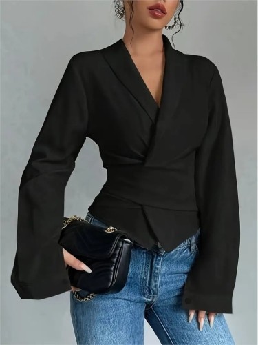Fashion Lapel Tie Long-sleeved For Women's Shirt For Spring Autumn New Slimming Elegant Black And White Office Tops Female 2026