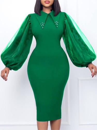 Spring Autumn Fashion Beaded Mesh Spliced ​​Long Sleeve Women's Dresses Elegant And Sexy Hip Cover Slim Female Pencil Skirt 2026