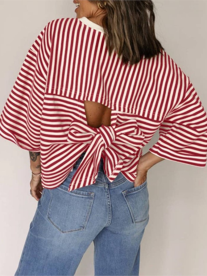 Women's Fashion O Neck Striped Back Tie Bow Short-sleeved T Shirt Top Summer New Casual Loose Knitted Pullover Female Top
