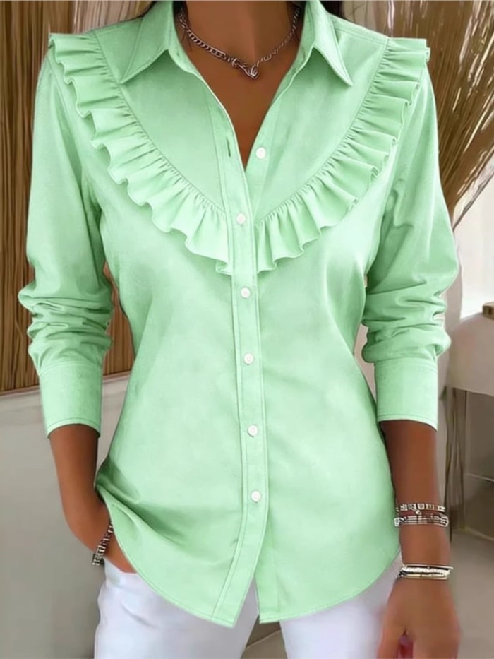 2026 Spring Autumn Women's Solid Color Shirt Collar Long Sleeved Fashion Casual Loose Ruffled Cotton Linen Female Office Shirt