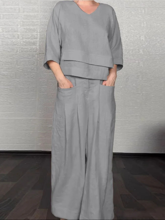 Casual Loose Irregular Cotton Linen Women's Top Set Spring Summer New Fashion Pocket Wide-leg Pants For Women Office 2-piece Set