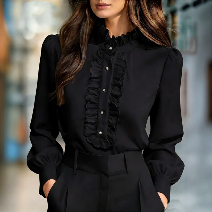 Fashion Ruffled Stand Collar Long Sleeve For Women's Shirt Spring Autumn New Commuting Temperament Female White Office Shirt2026