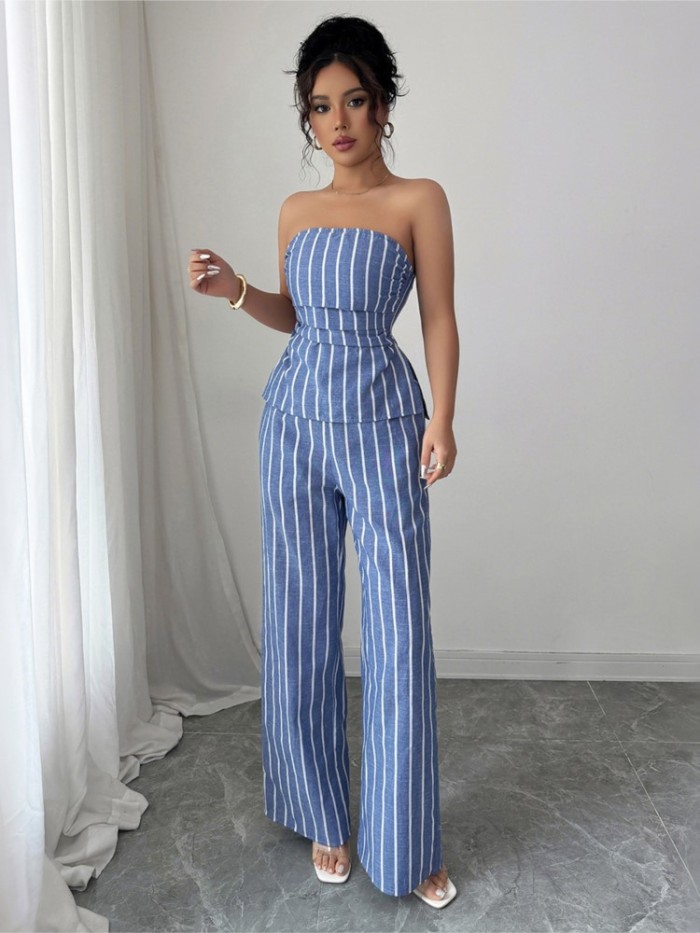 Sexy Tube Top Sleeveless Women's Trousers 2 Piece Set Summer Printed Striped Fashion Pockets Loose Wide Leg Trousers Female Suit