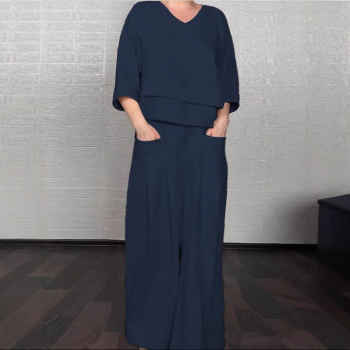 Casual Loose Irregular Cotton Linen Women's Top Set Spring Summer New Fashion Pocket Wide-leg Pants For Women Office 2-piece Set