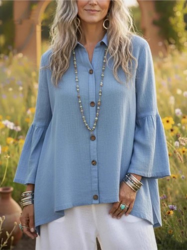 Autumn New Solid Color Cotton Linen Trumpet Long-sleeved Shirt Women Fashion Single-breasted Loose Casual Vacation Female Shirt