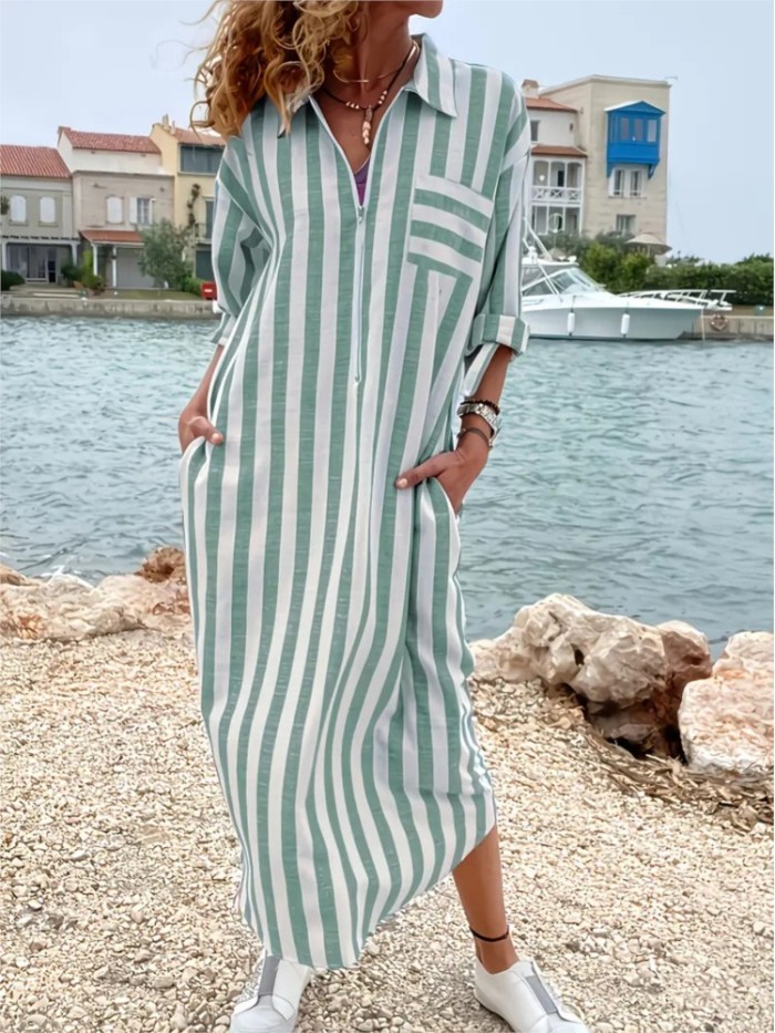 Elegant Casual Loose Striped Shirt Long-sleeved Dress Spring Summer Women's Vacation Fashion Zipper Pocket Long Shirt Dresses