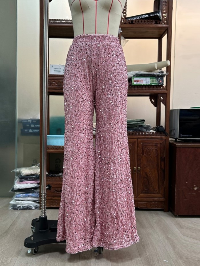 Fashion Sequined Mid-waist Trousers Women's Spring And Summer New Style Slim And Elegant Ladies Party Hip Wide Leg Trousers