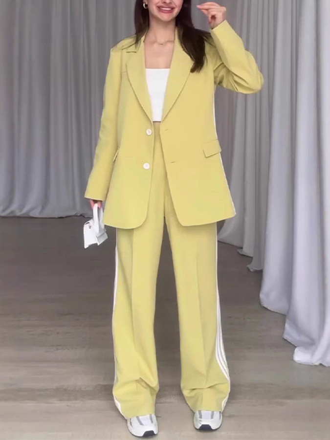 Casual Striped Women Pants Suits Lapel Single Breasted Loose Coat High Waist Straight Pant 2025 Spring New Fashion Lady Sets