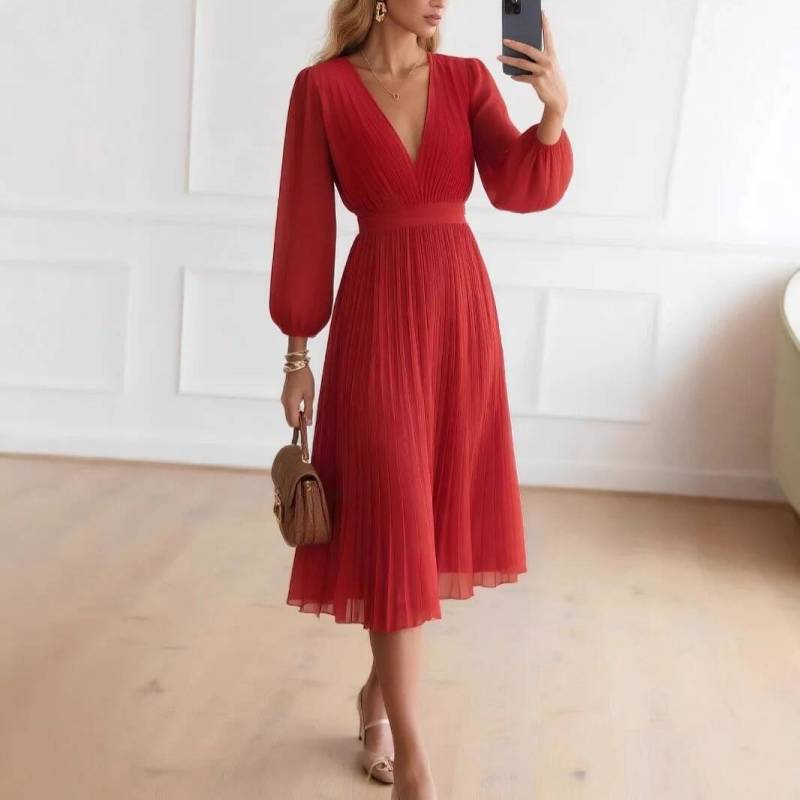 Women's V-neck Dress with Tie Mid-length Long Sleeve Dress Formal Summer Dress Robe Vestido Women Elegant Party