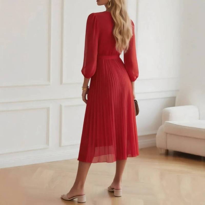 Women's V-neck Dress with Tie Mid-length Long Sleeve Dress Formal Summer Dress Robe Vestido Women Elegant Party