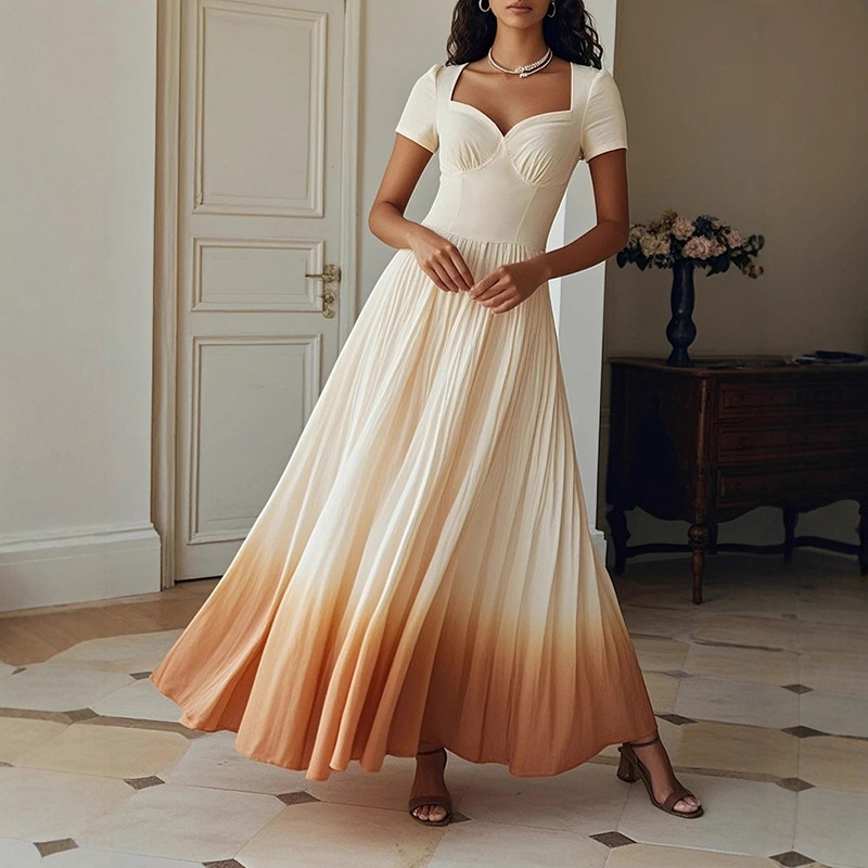 Fashion Gradient Print Draped Party Dress New Elegant Deep V-neck Hight Waist Long Dress Women's Casual Short Sleeve Maxi Dress