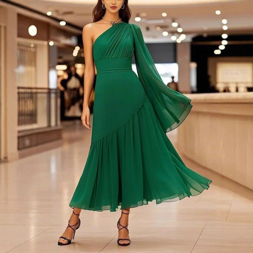 New Women's Backless Long Dress Fashion Asymmetrical Shoulder Slim Fit Dress Solid Color Slim Fit Gown Robe Vestido Women Party