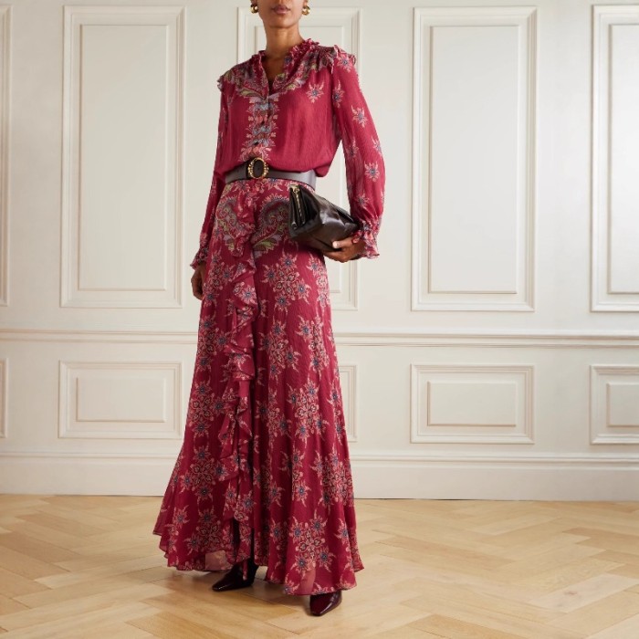 Vintage Women Chiffon Two Piece Set Autumn Elegant Print Long Sleeve Button Shirt Top + Ruffle Pleated Maxi Skirt Chic Outfits