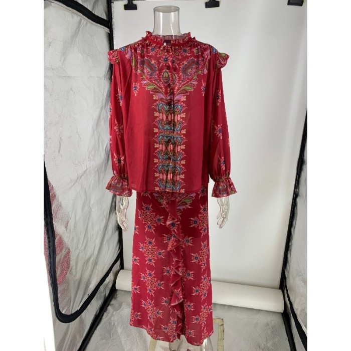 Vintage Women Chiffon Two Piece Set Autumn Elegant Print Long Sleeve Button Shirt Top + Ruffle Pleated Maxi Skirt Chic Outfits