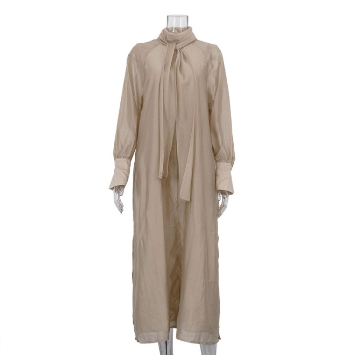 Elegant Women Silk Loose Guest Long Dress Chic Autumn Spring Modest Long Sleeve Stand Collar Lace Up Slit Shirt A-line Dress