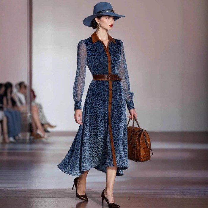 Office Lady Leopard Print Long Shirt Dress Women Vintage Long Sleeve Button Down Flowy A-line Bohemian Dress for Work