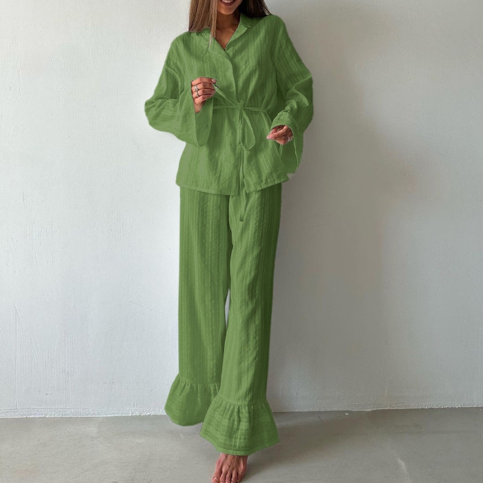 Cotton Women Two Piece Set Elegant Chic Long Sleeve Shirt Ruffle Pants Loose Outfits Loungewear Pajamas Set Homewear Sleepwear