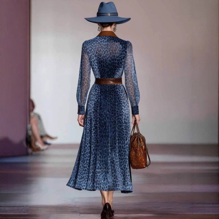 Office Lady Leopard Print Long Shirt Dress Women Vintage Long Sleeve Button Down Flowy A-line Bohemian Dress for Work