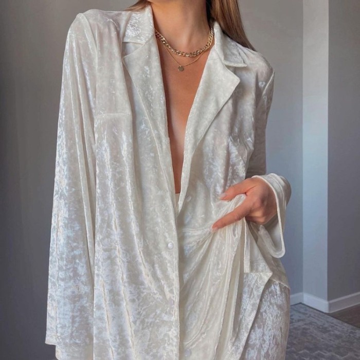 Luxury Women Pajamas Two Piece Set Elegant Long Sleeve Lapel Shirt Wide Leg Pants Set Autumn Winter Outfits
