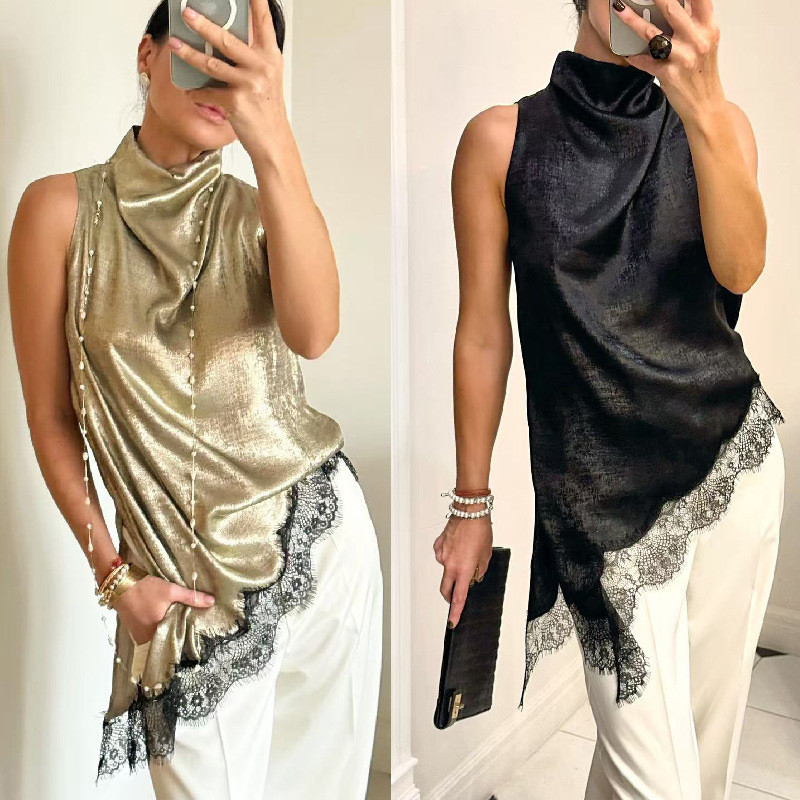 Sexy Women Sleeveless Vest Top Vintage Chic Loose Lace Trim Turtleneck Irregular Shirt Halter Party Clubwear