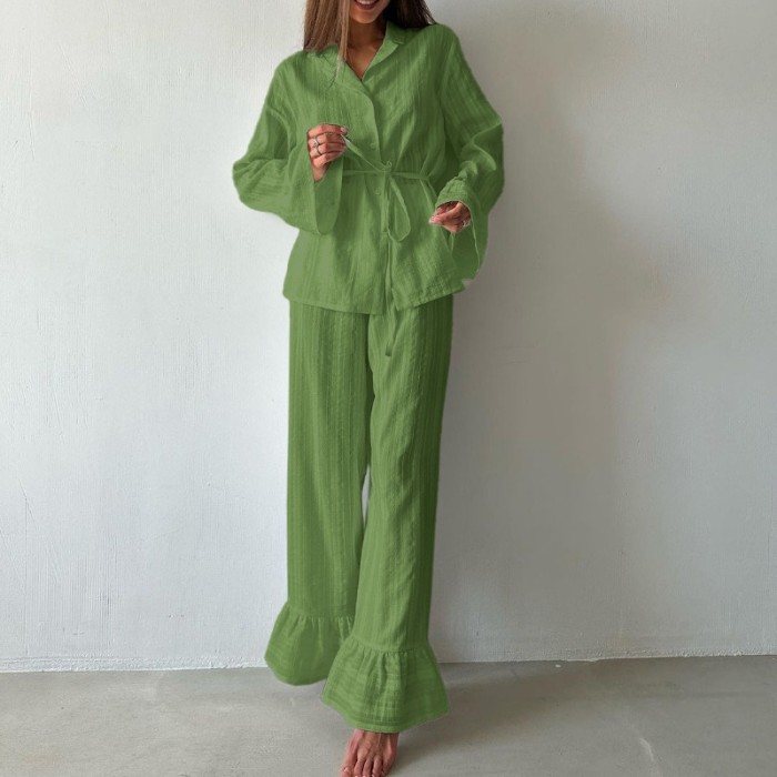 Cotton Women Two Piece Set Elegant Chic Long Sleeve Shirt Ruffle Pants Loose Outfits Loungewear Pajamas Set Homewear Sleepwear