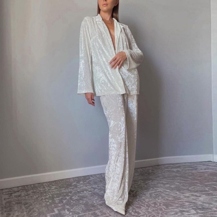 Luxury Women Pajamas Two Piece Set Elegant Long Sleeve Lapel Shirt Wide Leg Pants Set Autumn Winter Outfits