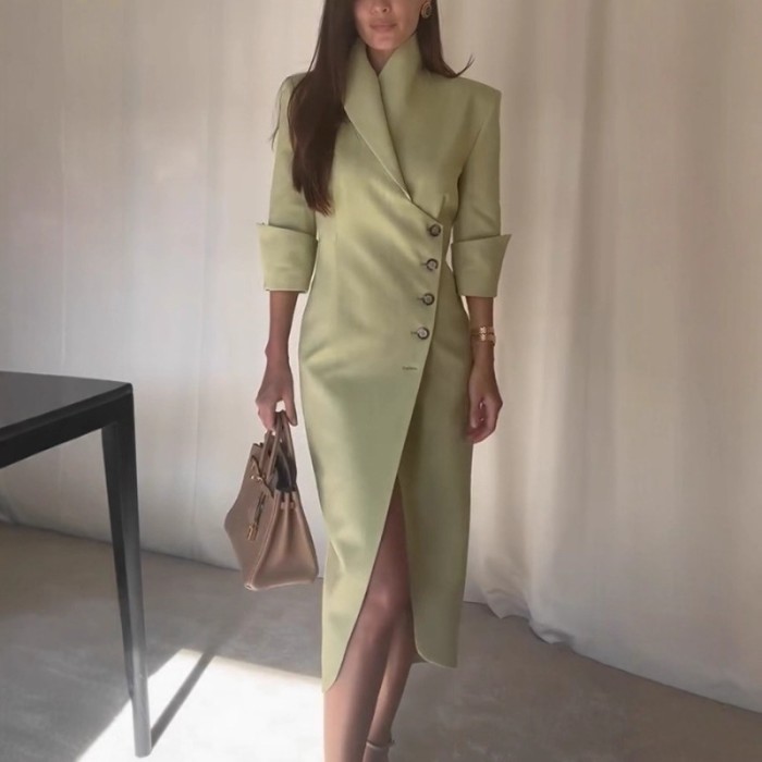 Slim Blazer Dress for Women Autumn Elegant Chic Office Lady Corset Button Notched Party Bodycon Irregular Suit Dress Split Robe
