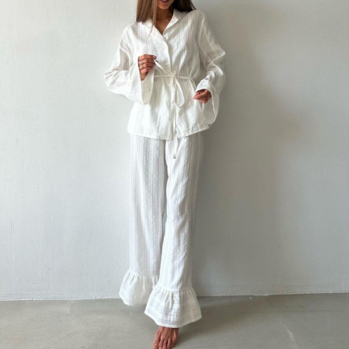 Cotton Women Two Piece Set Elegant Chic Long Sleeve Shirt Ruffle Pants Loose Outfits Loungewear Pajamas Set Homewear Sleepwear