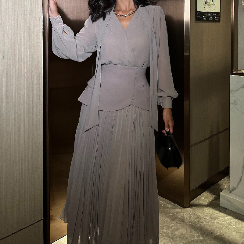 Elegant Women 3 Piece Set Sweet Chiffon Long Sleeve Shirt + Waist Vest + Pleated Long Skirt Set Autumn Chic Party Guest Outfits