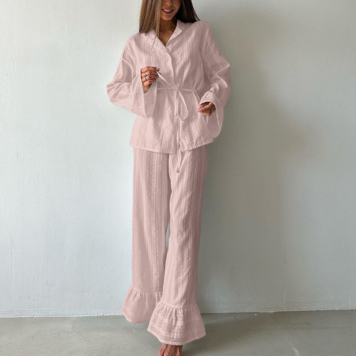 Cotton Women Two Piece Set Elegant Chic Long Sleeve Shirt Ruffle Pants Loose Outfits Loungewear Pajamas Set Homewear Sleepwear