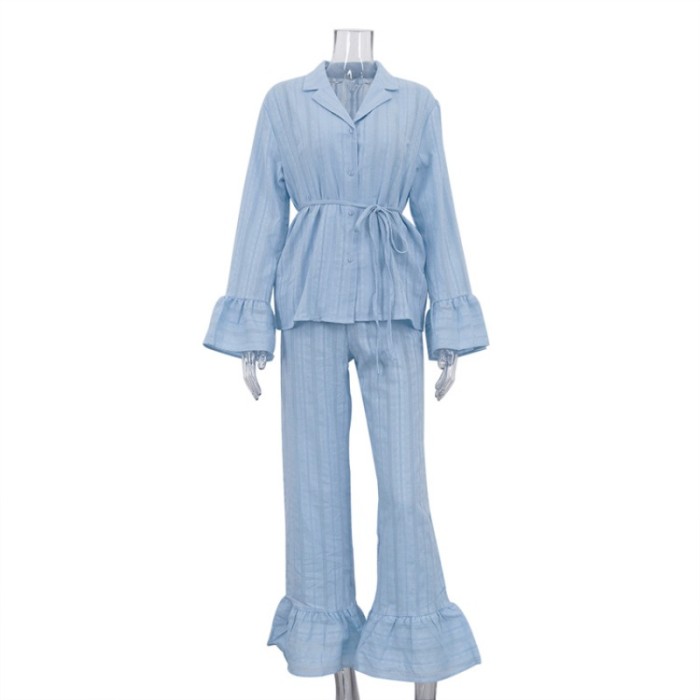 Cotton Women Two Piece Set Elegant Chic Long Sleeve Shirt Ruffle Pants Loose Outfits Loungewear Pajamas Set Homewear Sleepwear