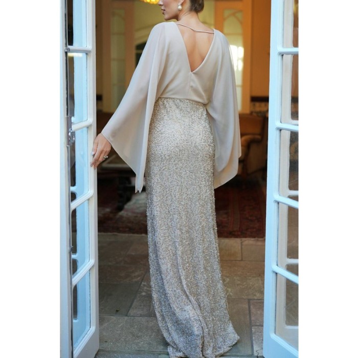 Sexy Women Sequins Party Mermaid Long Dress Elegant Apricot Floral Batwing Sleeve V Neck Guest Wedding Evening Dress Prom Gown