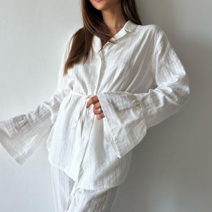 Cotton Women Two Piece Set Elegant Chic Long Sleeve Shirt Ruffle Pants Loose Outfits Loungewear Pajamas Set Homewear Sleepwear