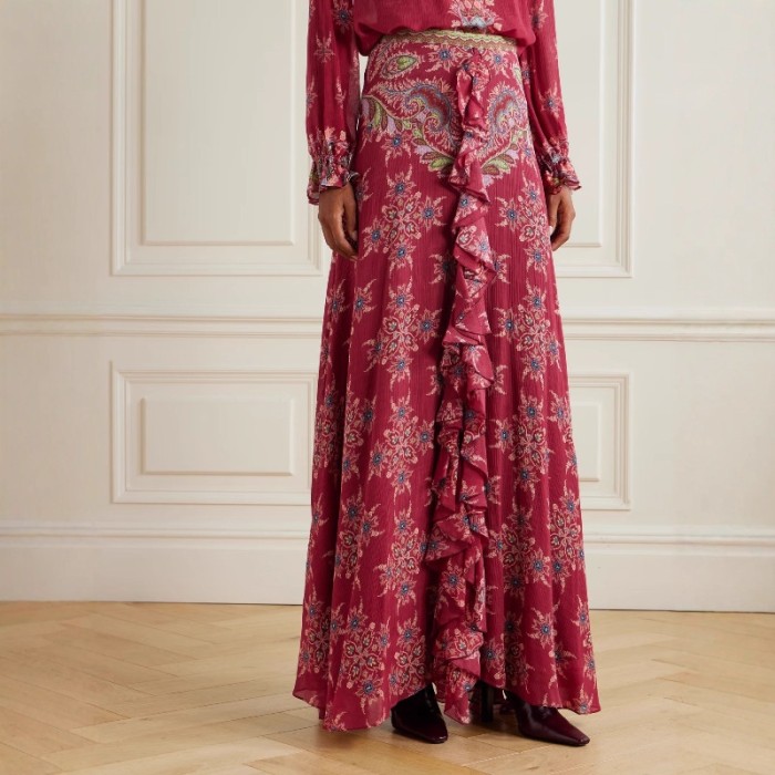 Vintage Women Chiffon Two Piece Set Autumn Elegant Print Long Sleeve Button Shirt Top + Ruffle Pleated Maxi Skirt Chic Outfits