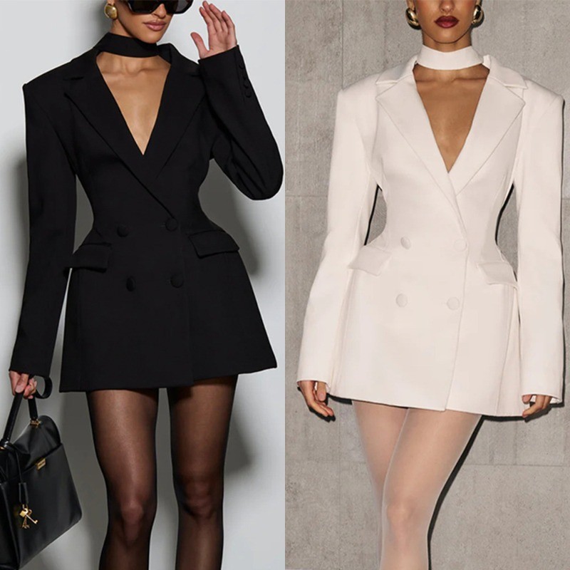 Women Slim Waist Chic Blazer Coats Office Ladies Double Breasted Fashion Suits Jacket Elegant Long Sleeve Pocket Lapel Outwear