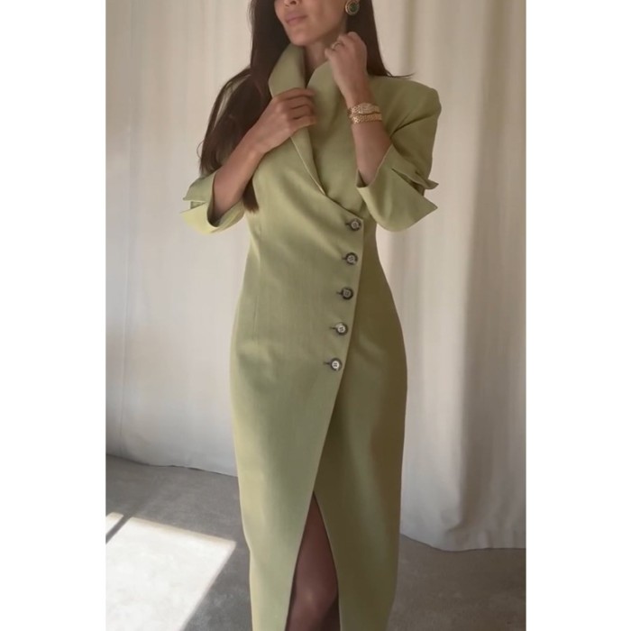 Slim Blazer Dress for Women Autumn Elegant Chic Office Lady Corset Button Notched Party Bodycon Irregular Suit Dress Split Robe